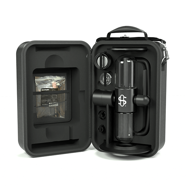 Kompact travel case opened showing portable gravity infuser inside