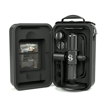 Kompact travel case opened showing portable gravity infuser inside